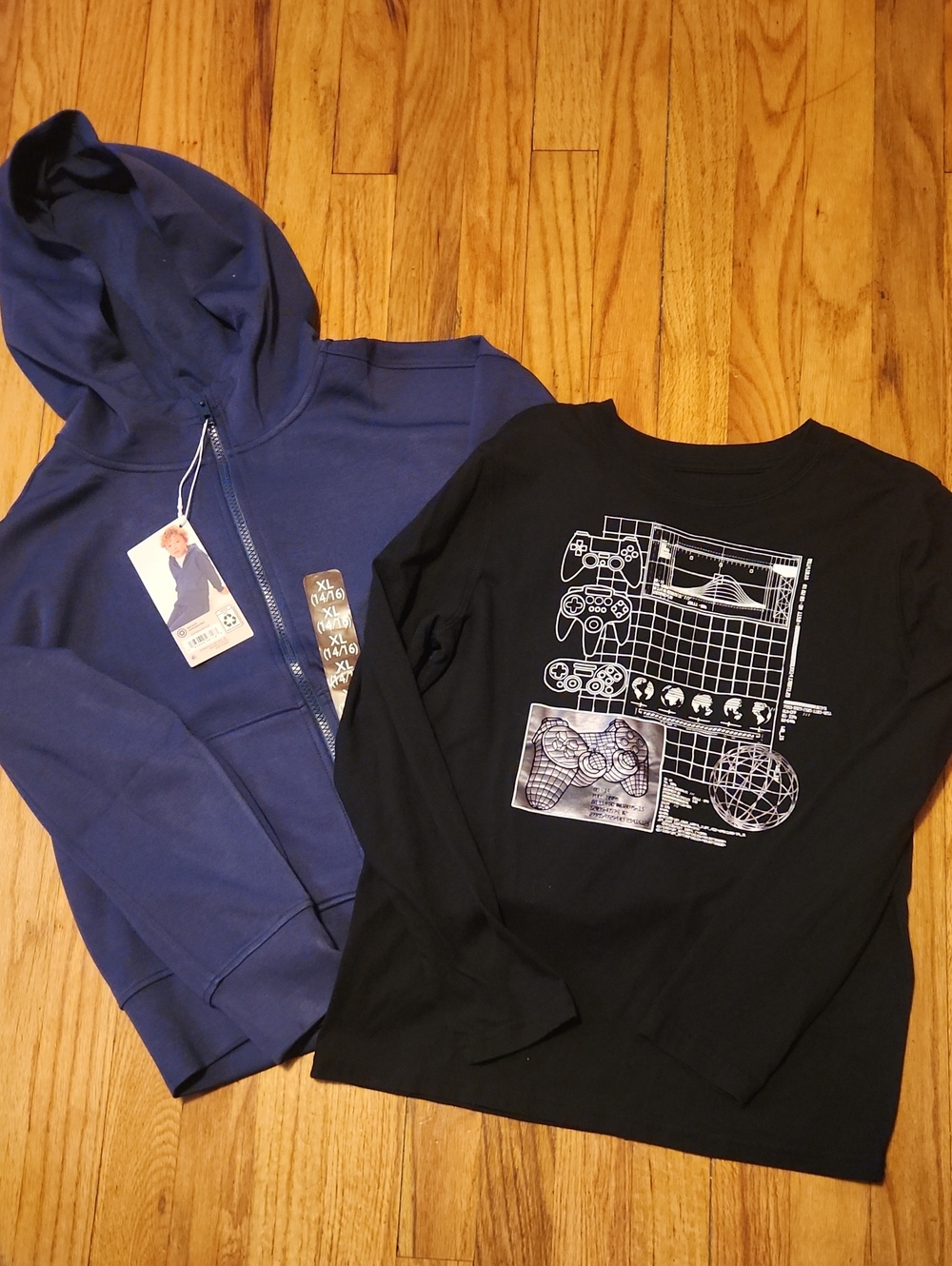 NWT Boys Navy Full Zip Hoodie & Like New Black Graphic Long-Sleeve Combo 14/16